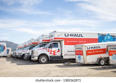 Temecula, California/United States - 04/08/2019: Several U Haul Trucks And Trailers For Rent