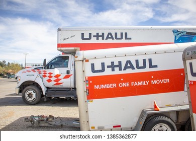 Temecula, California/United States - 04/08/2019: Several U Haul Trucks And Trailers For Rent