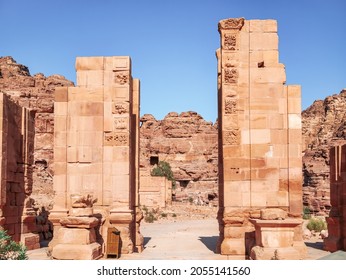 The temenos gate at the end of The Colonnaded Street in the ancient city of Petra, Jordan.