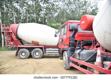 Temerloh, Pahang, Malaysia : 17th December 2020 - Red Cement Mixer Truck