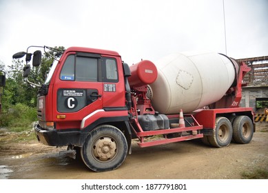 Temerloh, Pahang, Malaysia : 17th December 2020 - Red Cement Mixer Truck