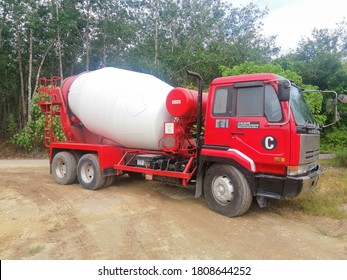 Temerloh, Pahang, Malaysia : 4th September 2020 - Red Cement Mixer Truck