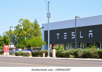 Tempe, Arizona - August 12 2022: An Authoried Tesla Motors Service And Repair Center That Can Perform All Work Orders And Software Updates On Their Electric Cars Models.