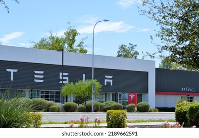 Tempe, Arizona - August 12 2022: An Authoried Tesla Motors Service And Repair Center That Can Perform All Work Orders And Software Updates On Their Electric Cars Models.