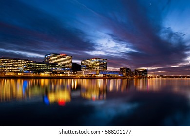 Tempe, Arizona, USA - February 25, 2017: Tempe Town Lake Reflects The Downtown Tempe City Skyline At Sunset.