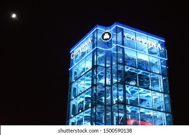 Tempe, AZ / USA - 09-09-19: Carvana  Car Vending Machine Glass Tower At Night