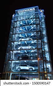 Tempe, AZ  USA - 09-09-19: Carvana  Car Vending Machine Glass Tower At Night