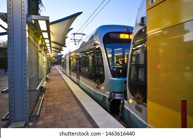 TEMPE, AZ / USA - JANUARY 8 2011:  A Valley Metro Light Rail Eastbound Trolled To Mesa Prepares To Depart From Tempe Transportation Center.