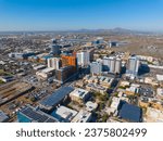 Tempe city downtown and Arizona State University ASU main campus aerial view in city of Tempe, Arizona AZ, USA. 