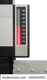 The temperature outside is below zero degrees Celsius. Street temperature meter close-up                            