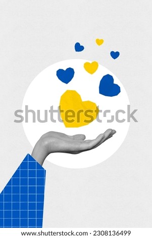 Template advert collage of human arm with blue yellow colored hearts send help hope to ukraine stop russian aggression