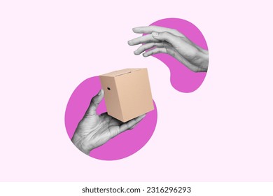 Template advert collage of two hands people shopper consumer deliver receive order box fast delivery concept