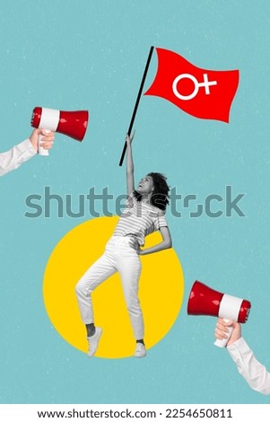 Template advert collage of young lady demonstrator fight for women rights hold flag megaphone advertise