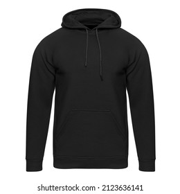 Template Black Hoodie Isolated On White. Hoodie Sweatshirt Mockup Front View For Design And Print. Hoody Sports Wear With Long Sleeve And Clipping Path