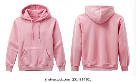 Template blank flat pink hoodie. Hoodie sweatshirt with long sleeve flat lay mockup for design and print. Hoody front and back top view isolated on white