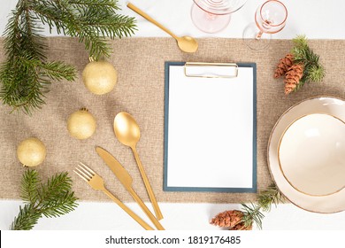 Template Of Christmas Table Decoration With Mock Up Of Menu. Festive Dinner With Guest Invitation Card.