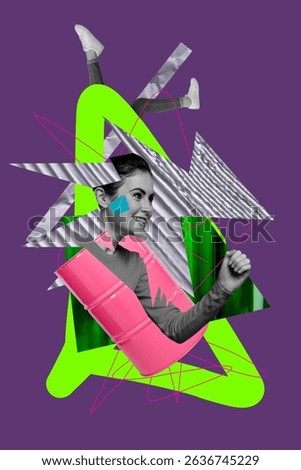 Template collage design trend 3D sketch of urban metaphor fashion surreal dream portrait young lady smile legs body piece oil barrel can