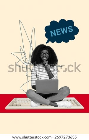 Template collage design trend sketch of young lady sit keypad work laptop think news fake media narrative misleading press disinformation