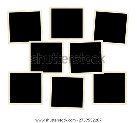 Template collage with eight retro frame photos. Moodboard pictures album grid for scrapbooking. Vintage style mood board layout. Isolated on white background. Copy space for your text and photo
