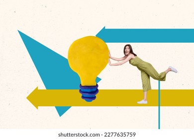Template collage of young crazy funny girl pushing huge plasticine lightbulb ukraine recovery electricity stop blackout isolated on white background - Shutterstock ID 2277635759