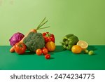 The template for designing with front angle on light green background. Fresh vegetables and fruits scattered placed on counter, empty space for product advertising and placement