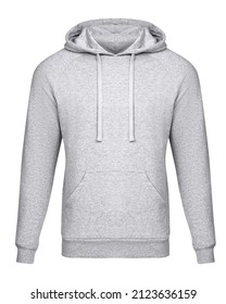 Template Grey Hoodie Isolated On White. Hoodie Sweatshirt Mockup Front View For Design And Print. Hoody Sports Wear With Long Sleeve And Clipping Path