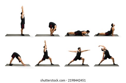 Template guide of a young man doing yoga poses to teach and learn workout exercises 