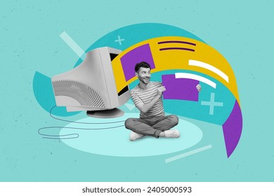 Template image poster collage of guy worker receive letters with fast wifi connection from colleagues on pc gadget