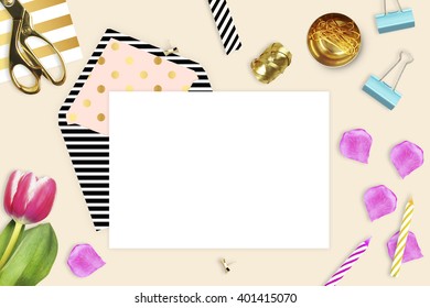 Template Invitation Card, Mock Up For Your Photo Or Text Place Your Work.
Opening Envelope On White Background And Stationery. Flat Lay. Woman Still. Workspace.