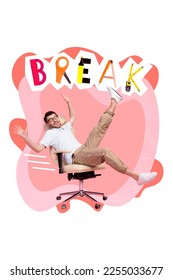 Template magazine collage funny happy young guy manager enjoy work break ride office armchair over picture background