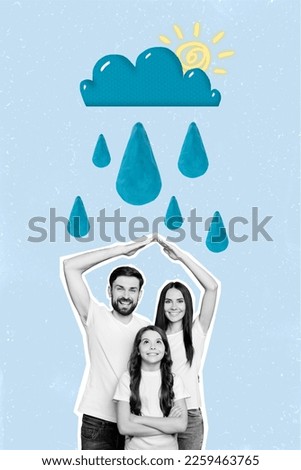 Template magazine collage of happy family caring hold hands roof protect raindrop harmony relationship concept