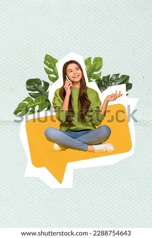 Template magazine picture collage of teenager girl sitting using smart phone calling speaking