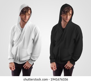 Template For A Men's Sweatshirt With A Zip Fastener, With Ties, A Pocket On A Guy In A Hood, Front View. Mockup Of A Sports Hoodie, For Presentation Of Design. Set Of Clothes Isolated On Background