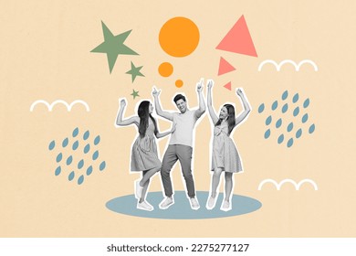 Template minimal collage photo of youngsters dancing have fun listen music rainy painted clouds weather weekend isolated on drawing background