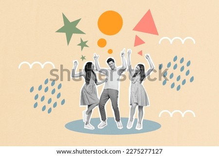 Template minimal collage photo of youngsters dancing have fun listen music rainy painted clouds weather weekend isolated on drawing background