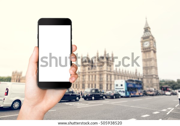 Template for mobile application or city
guide for London. Smartphone with blank
screen.