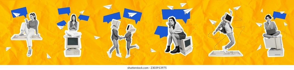 Template panorama picture collage of forum users people using technology computer smartphone chatting send emails paper plane - Powered by Shutterstock