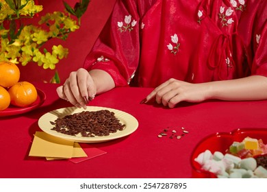 Template photo close-up of a girl in a traditional red costume is seen splitting melon seeds, lucky money envelopes, tangerines, and Tet jam on a table, with a Mai tree behind her on a red background. - Powered by Shutterstock