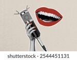 Template poster trend artwork 3D photo collage of makeup red lipstick mouth lips smile teeth hand manicure hold huge microphone sing song