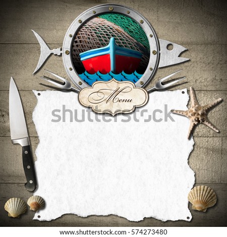 Template for a seafood menu with metal porthole in the shape of a fish, label and white empty sheet of paper on a wooden wall