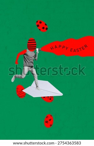 Template sketch image collage of egg head young man fly paper plane hold megaphone proclaim happy easter seasonal spring religion holiday.