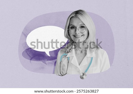 Template sketch image composite artwork collage of middle age lady doctor smile profession healthcare conversation cloud mind empty space