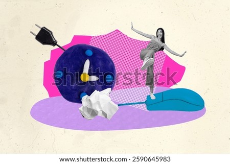 Template sketch image composite artwork collage of young lady stand moude clock time plug paper ball business worker hr employment