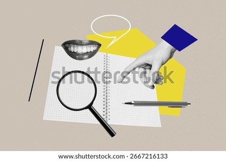 Template sketch image composite artwork collage of hand gesture finger point showing copybook page zoom glass mouth lips smile pen write.