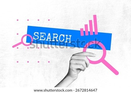 Template sketch image composite artwork collage of hand hold magnifier glass search bar rejection dismissal jobless unemployment conflict