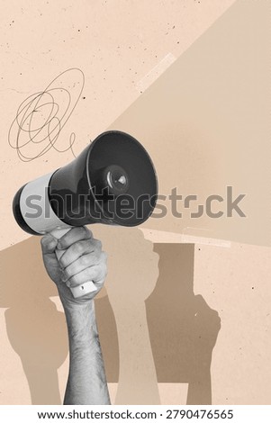 Template sketch image composite artwork collage of hand hold megaphone proclaim strike power banner demonstration support human placard.