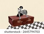 Template sketch image composite collage of halloween medieval bandit pirate corsair captain tricorn aged man sit baggage hold suitcase