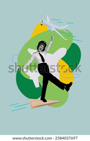 Template sketch image composite collage of young lady happy smile walk paper plane travel fly pilot profession uniform airplane aviation