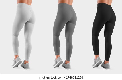 Template sweatpants on a fit girl with bent leg, isolated on background, back view. Mockup of white, gray, black leggings on a model for design presentation. Set of women's clothing - Powered by Shutterstock