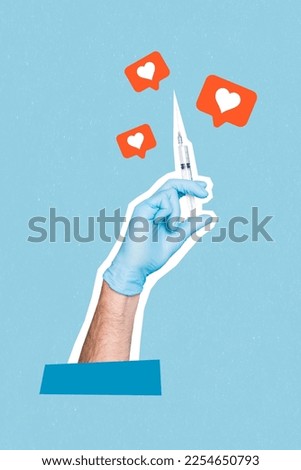 Template web trend collage of doc hands holding syringe covid 19 vaccine concept positive virtual feedback